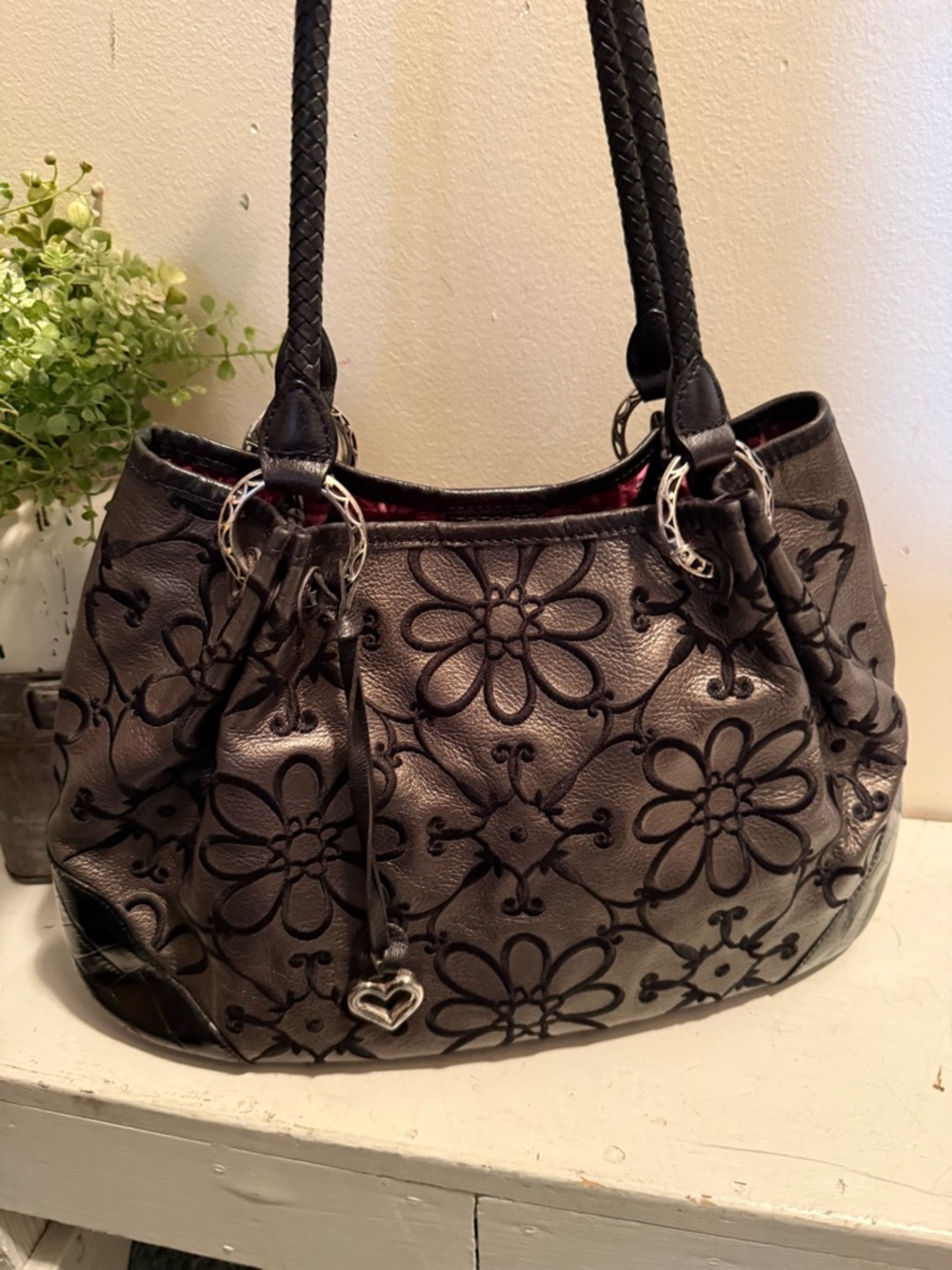 Brighton Valencia Pewer With Black  Embroidered Handbag EUC - Picture 3 of 13